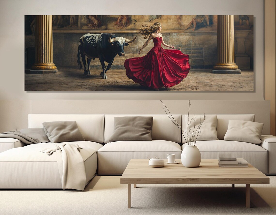 Lady in Red Dress With Bull Spanish Palace Courtyard Dramatic Art Poster - Image 3