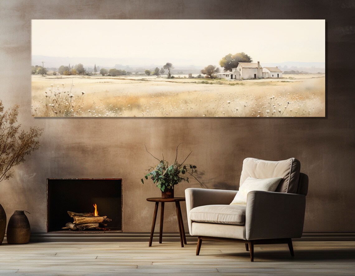 Rustic White Barn Golden Field Country Landscape Watercolor Poster