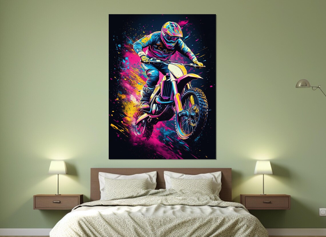 Motocross Rider Neon Night Jump Pink Blue Splash Dirt Bike Poster