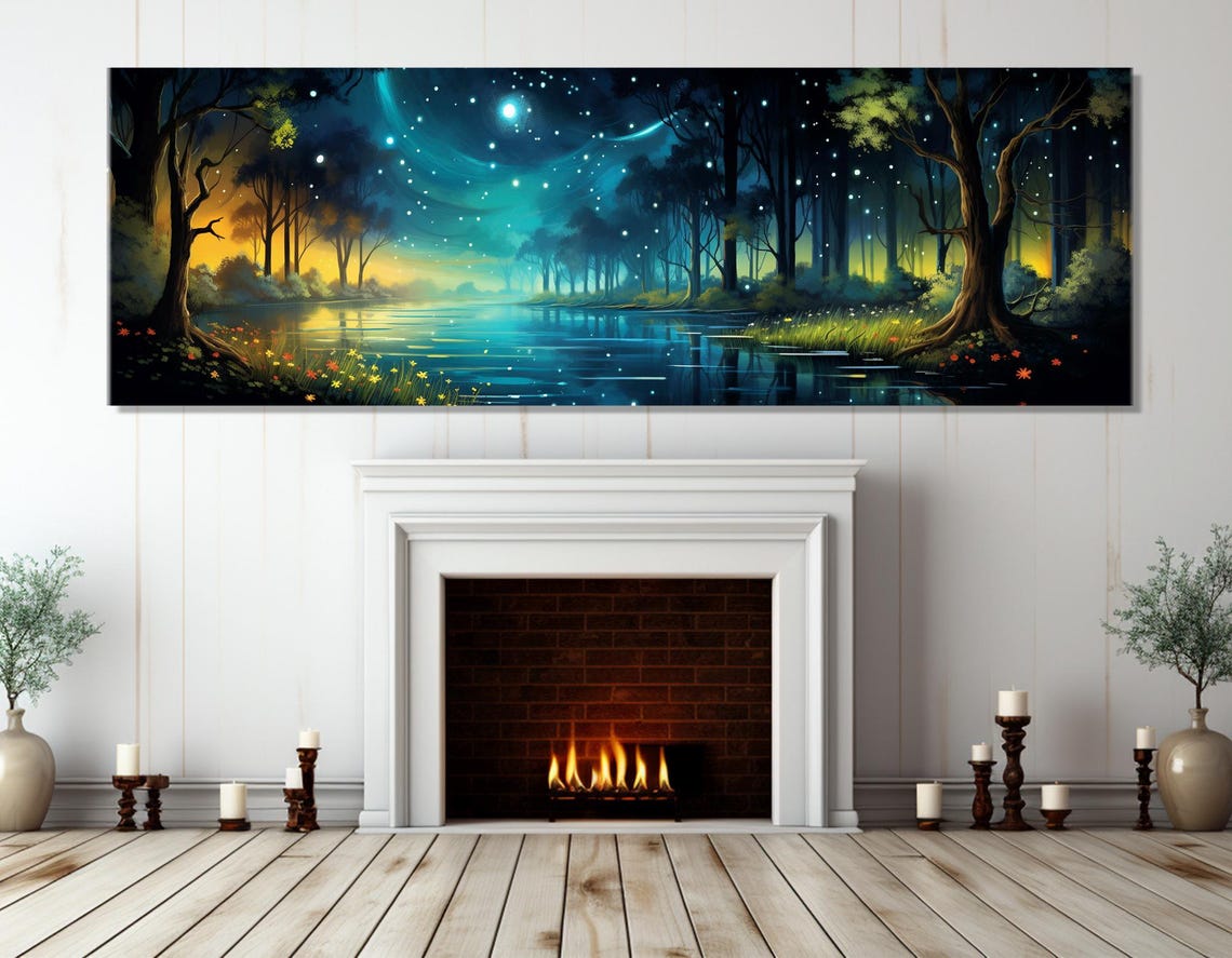 Fantasy Night Forest Fireflies Starry Sky River Panoramic Poster