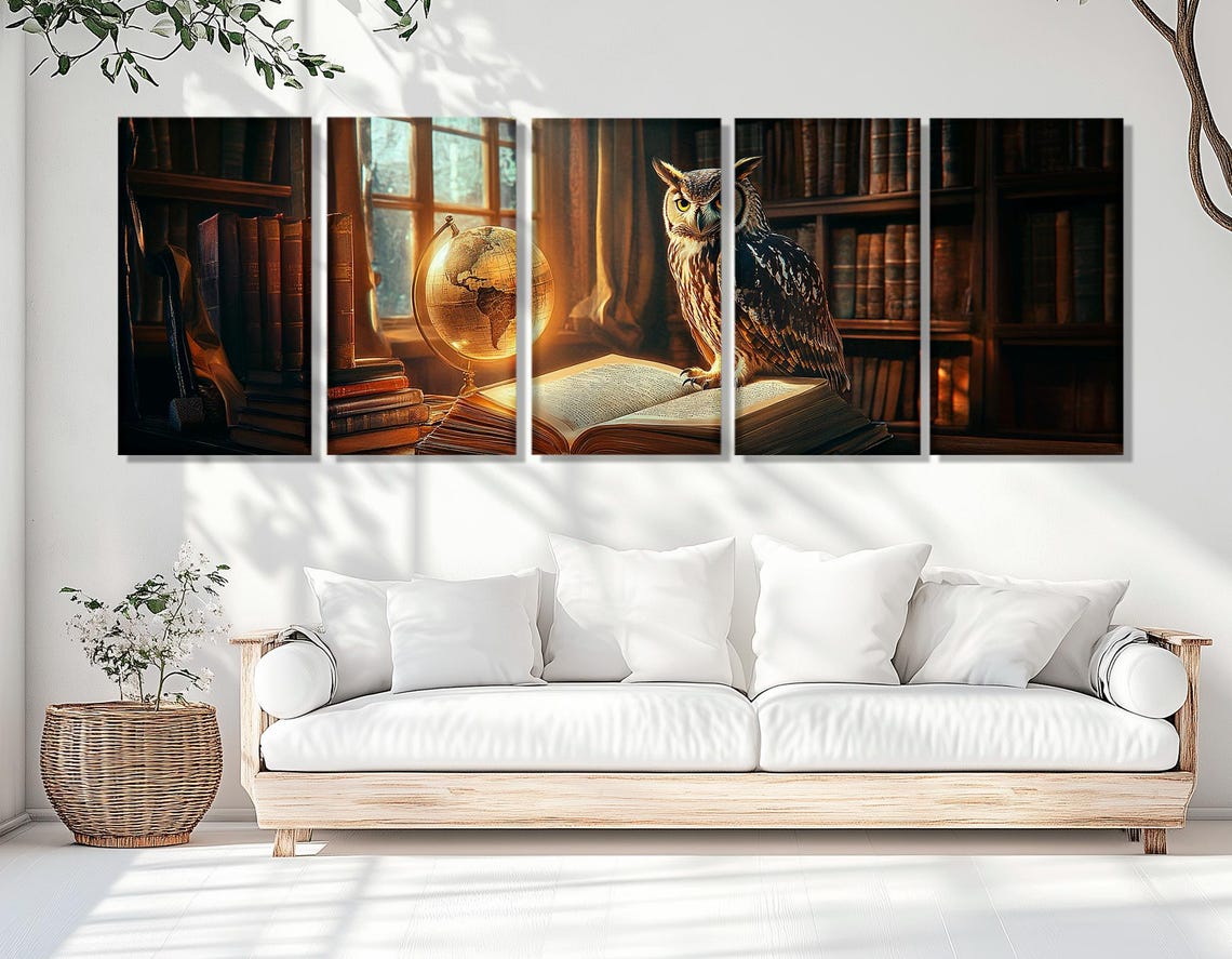 Wise Owl Perched On Open Book Vintage Library Warm Reading Poster - Image 3