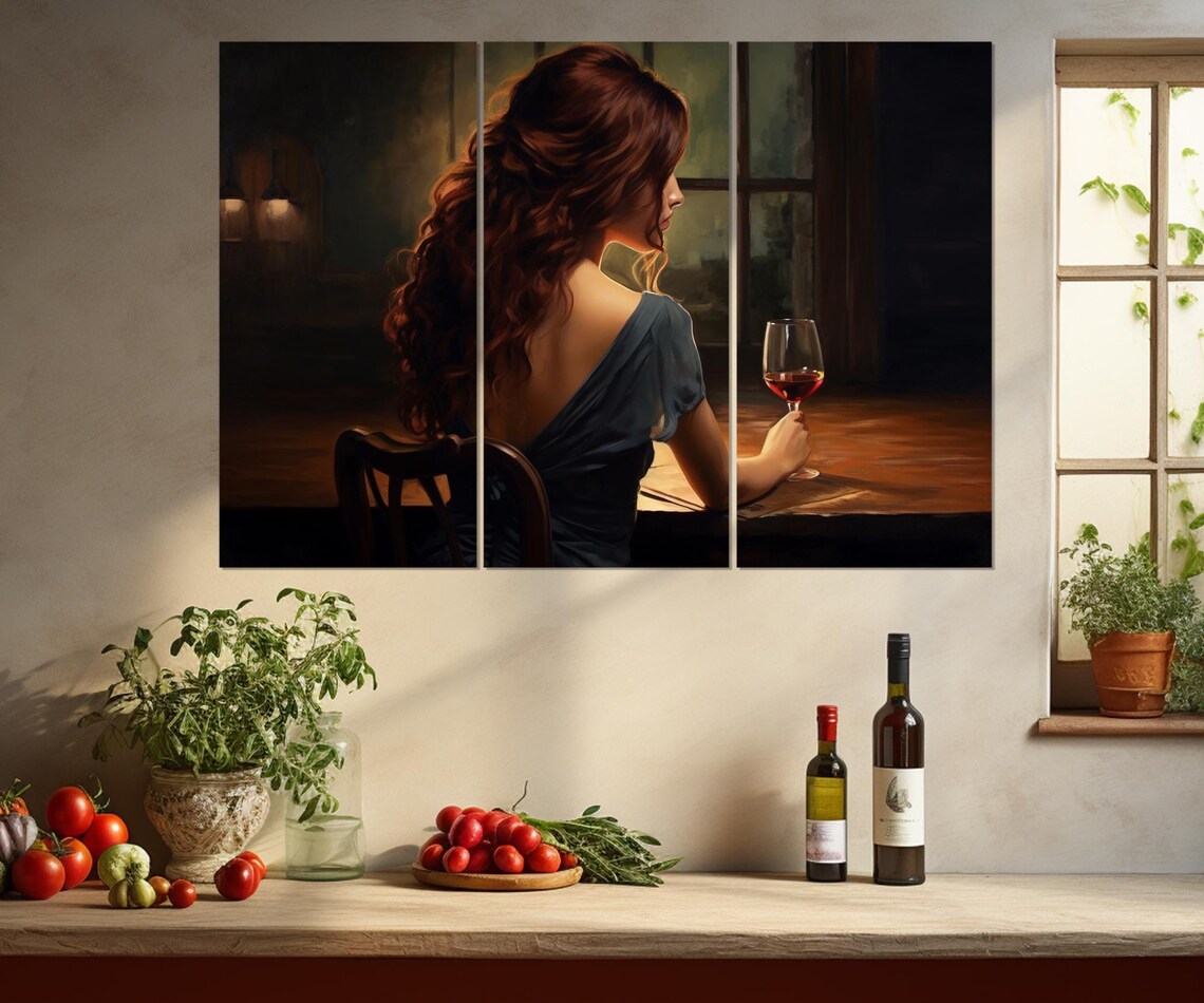 Woman With Wine Glass By Window Moody Night Romantic Painting Poster - Image 4
