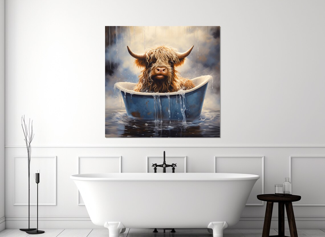 Highland Cow Calf Bathing In A Blue Vintage Bathtub Rain Shower Poster - Image 4