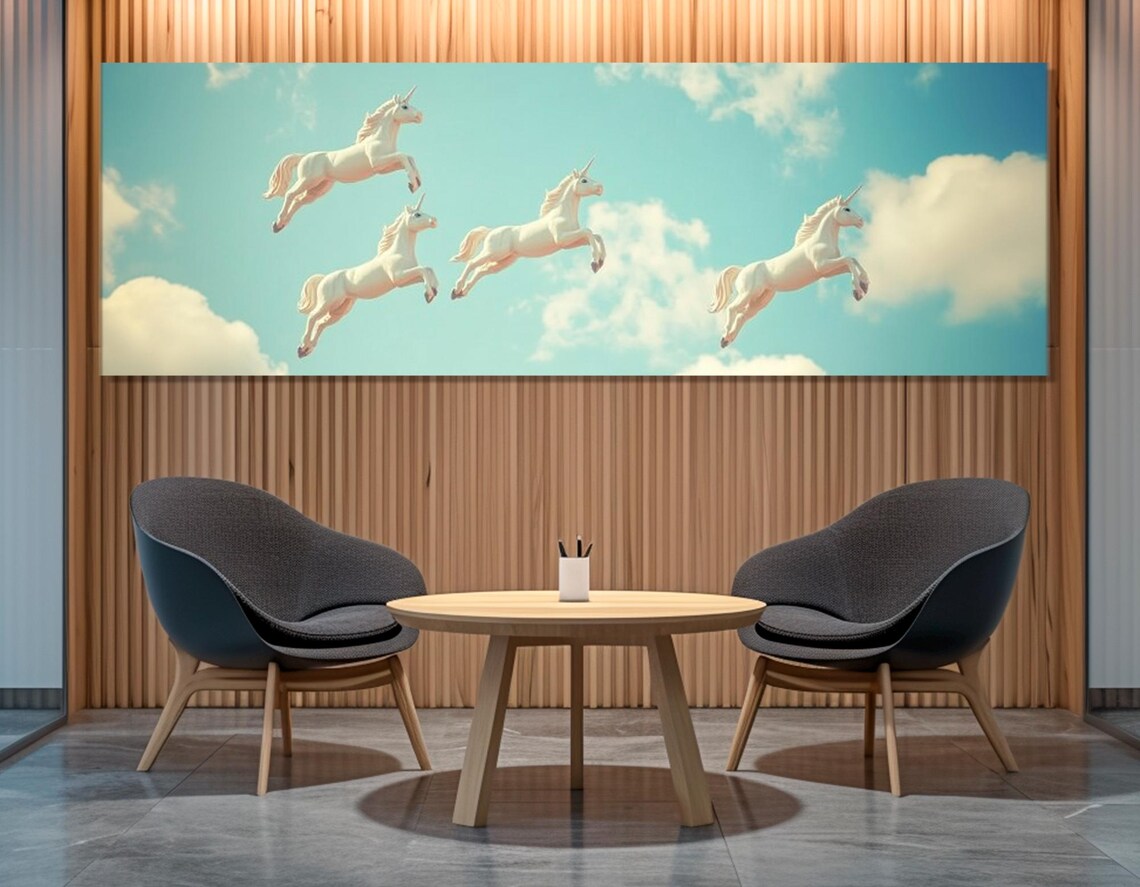 Unicorns Flying In Clouds Fantasy Painting Kids Room Magical Wall Poster - Image 3