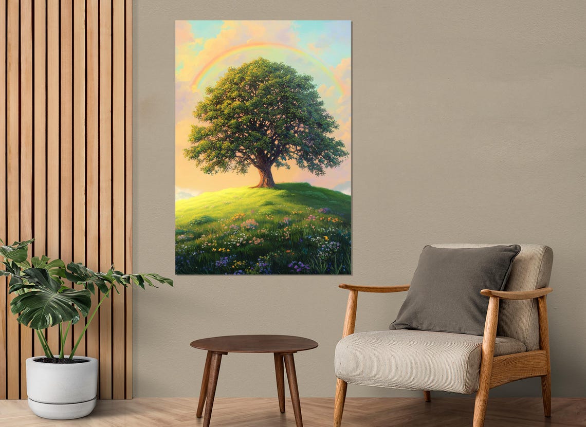 Lone Oak Tree on Flower Meadow Hill With Rainbow Pastel Sky Art Poster - Image 3