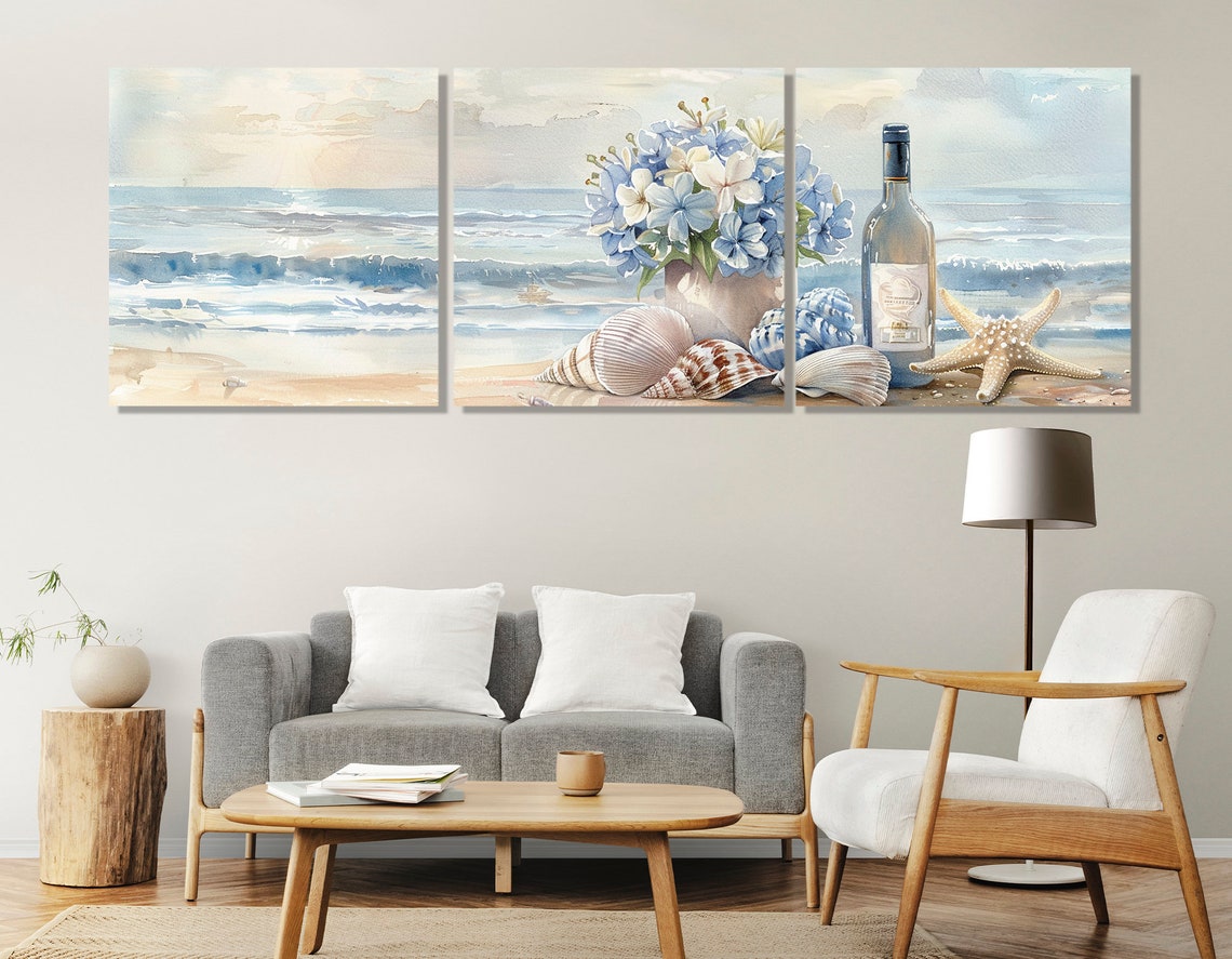 Beach Still Life Seashells Starfish Hydrangeas Wine Coastal Poster - Image 4