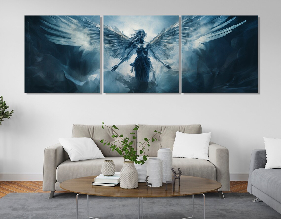Dark Blue Angel With Spread Wings Ethereal Clouds Fantasy Art Poster - Image 4