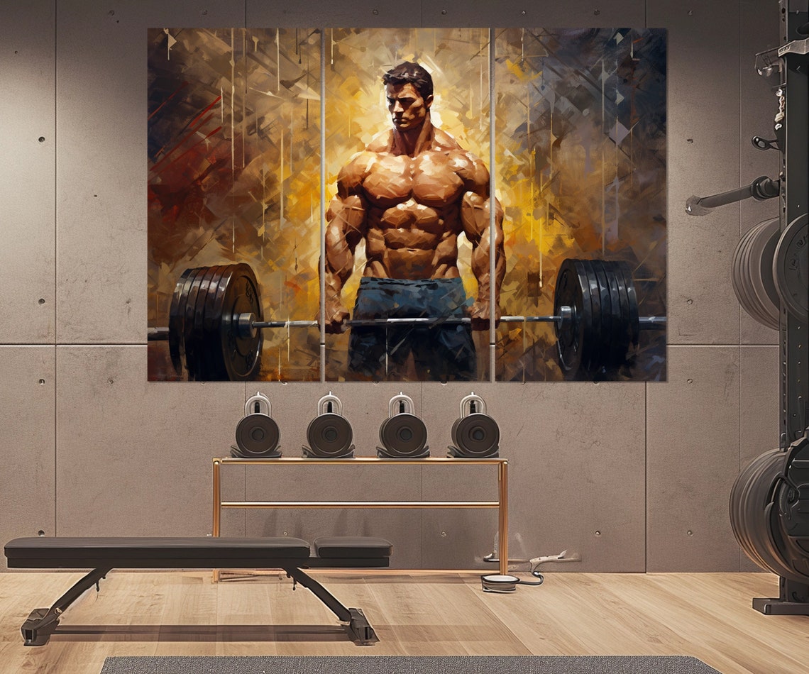 Muscular Weightlifter With Heavy Barbell Golden Abstract Gym Wall Art - Image 4