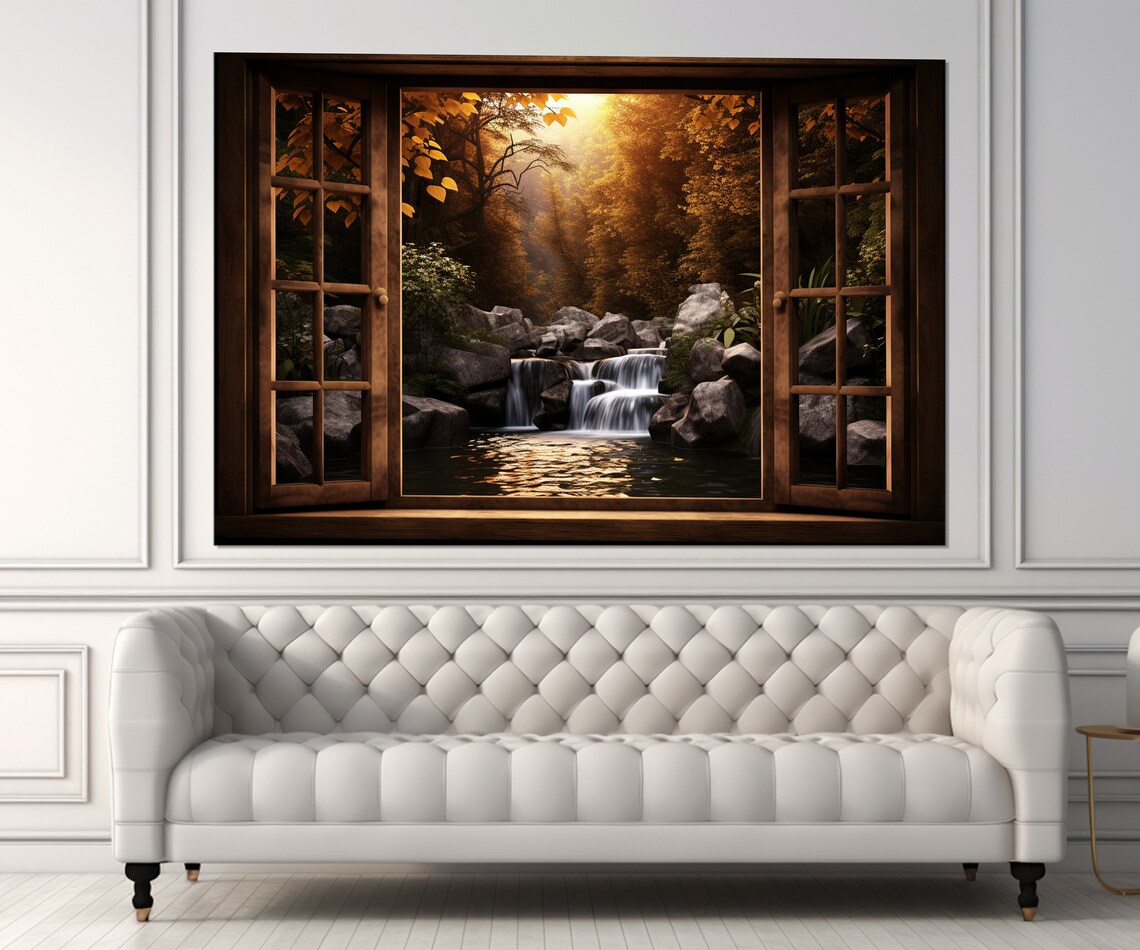 Open Window With Forest Waterfall View Art Print - Image 4