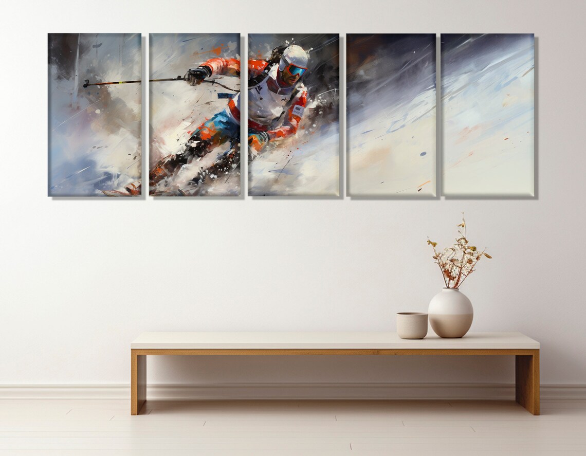 Abstract Speed Skier Carving Powder In A Wide Panoramic Alpine Poster - Image 3