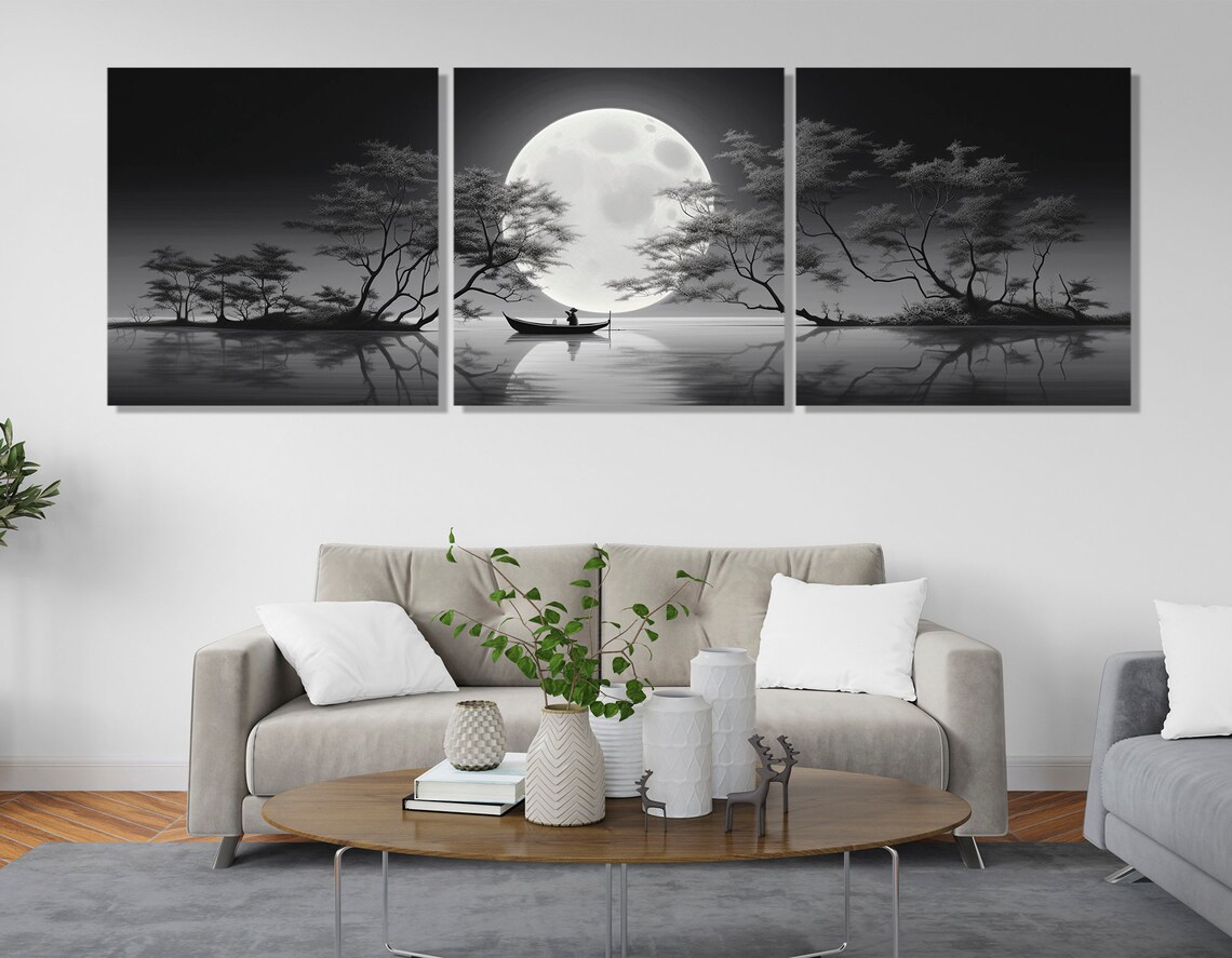 Boat Under Moonlight and Blossom Tree, Art Print - Image 4