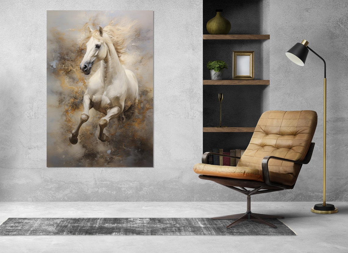 Galloping White Horse Abstract Gold Grey Background Equine Poster - Image 3