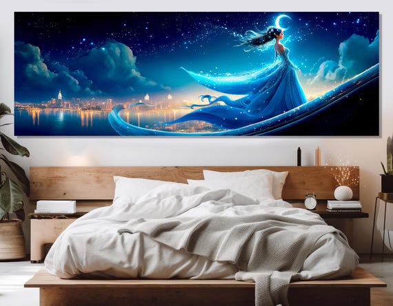 Night Fairy Under Starry Sky Painting Print Fairytale Wall Art Kids Room Decor Night City Fairy Landscape Framed Ready To Hang