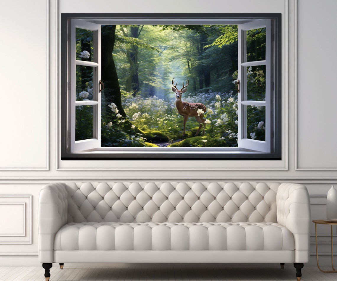 Stag With Antlers In Spring Forest Faux Window Blooming View Poster - Image 2