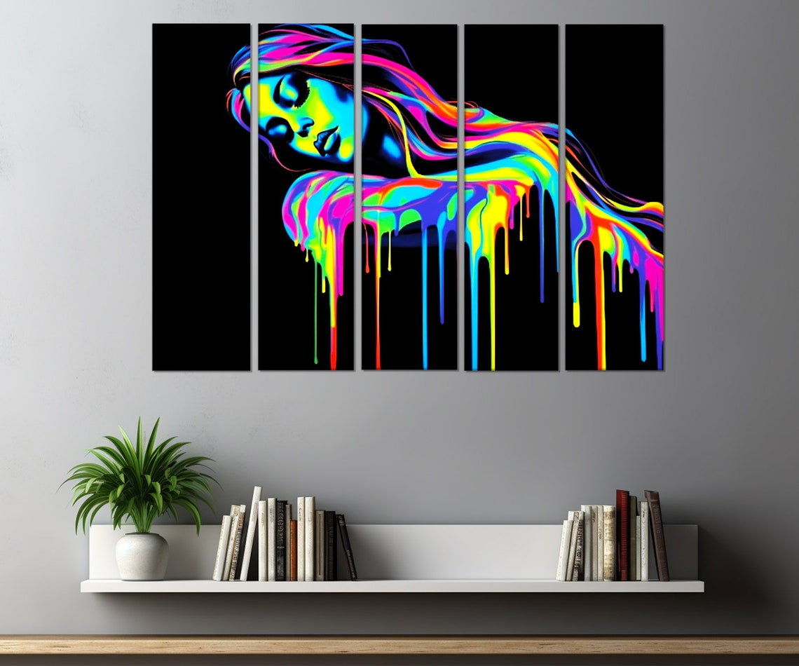 Neon Rainbow Woman Dripping Paint Colors Black Background Pop Art - Image 3