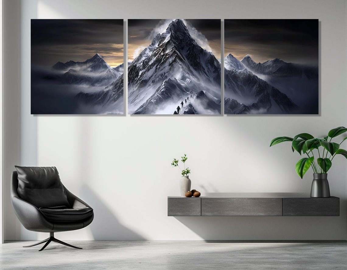 Mountain Climbers Snowy Summit Expedition Dramatic Triptych Poster - Image 2