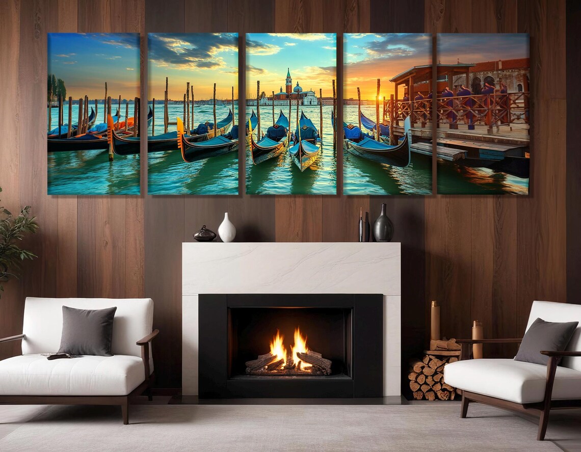 Venice Gondolas Sunset Moored Boats Golden Sky Panoramic Travel Poster - Image 2