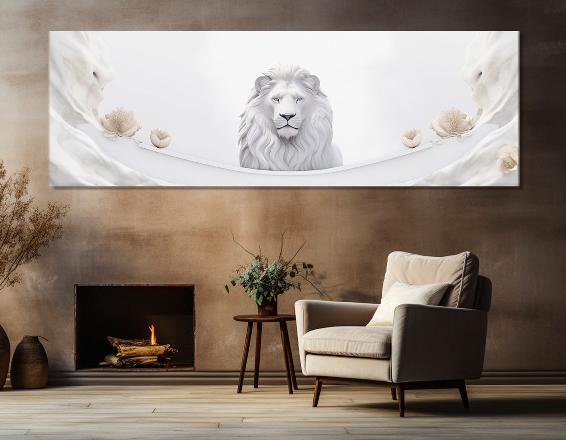 White Lion Portrait Three Panel Split Canvas Minimalist Animal Poster - Image 4