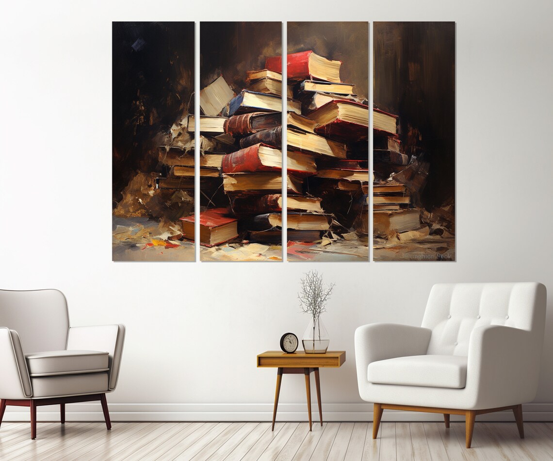 Pile Of Vintage Old Books Oil Painting Reading Library Study Wall Art Poster - Image 3