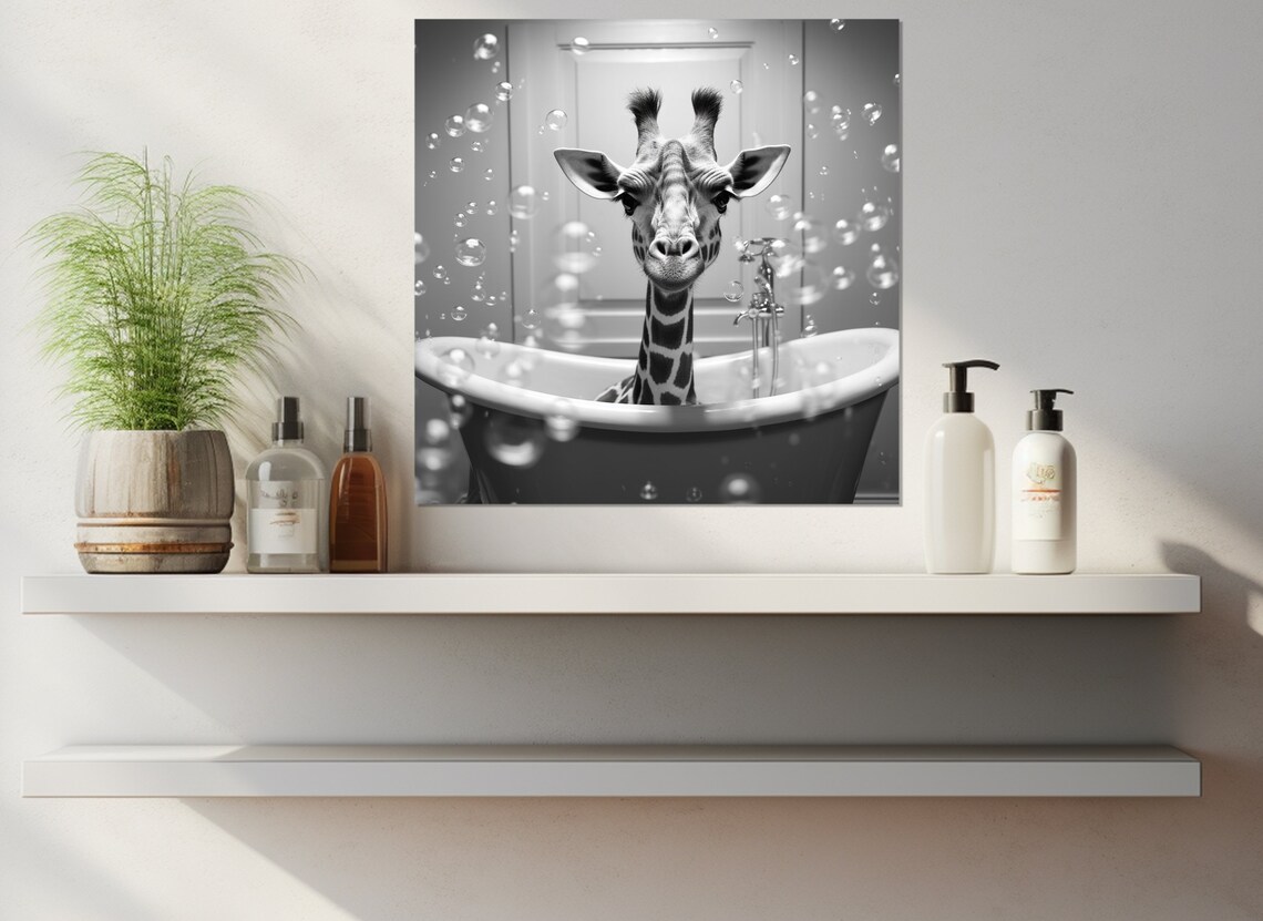 Cute Giraffe In Bubble Bath Black And White Funny Bathroom Wall Art Print - Image 2