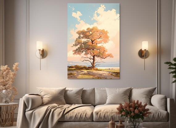 Abstract Oak Tree On Sunset Painting Print Scenic Nature Wall Art Oak Tree Poster Neutral Wall Decor Framed And Ready To Hang