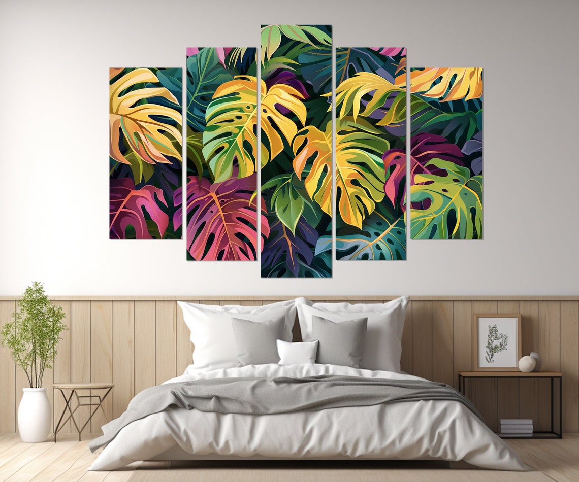 Colorful Tropical Monstera Leaves Pattern Botanical Wall Art Poster - Image 3