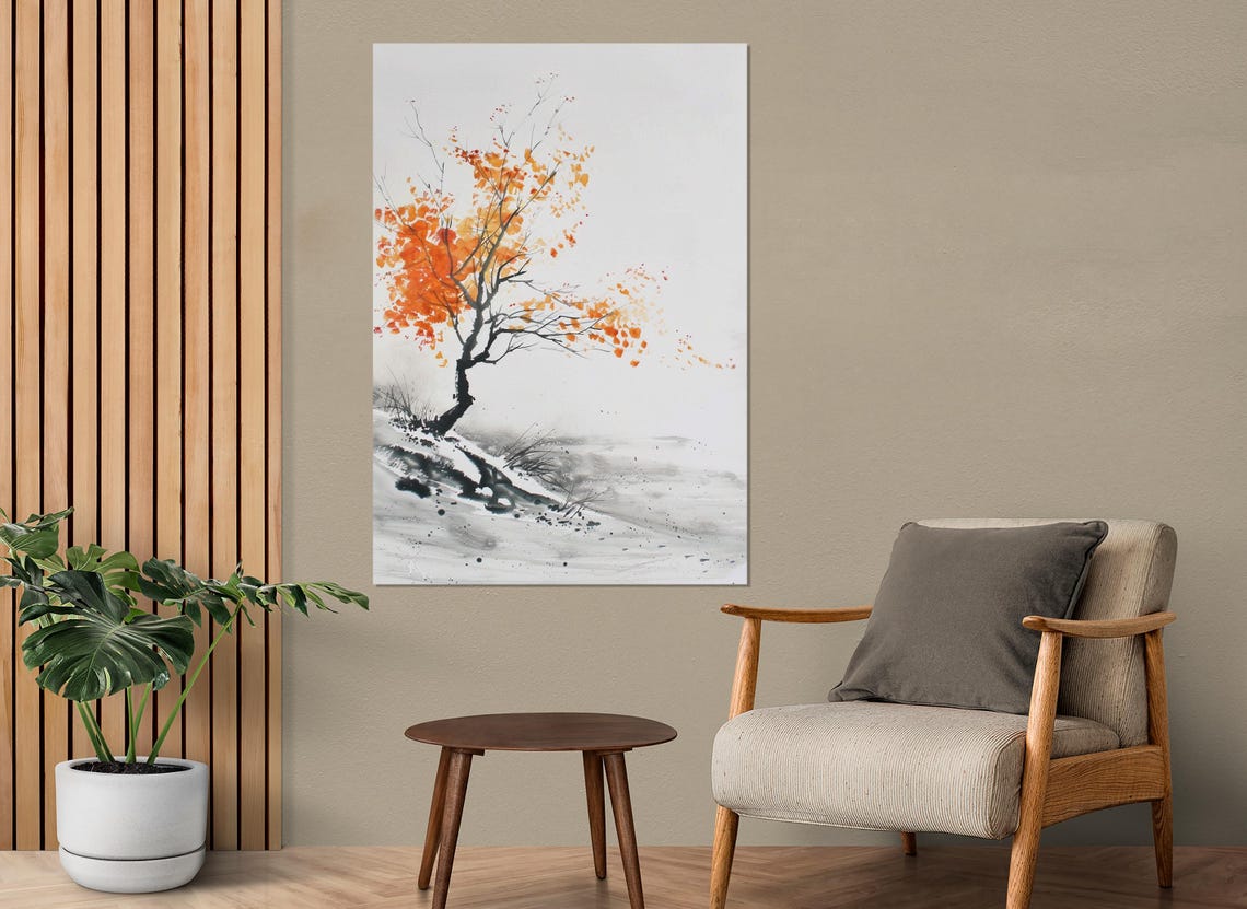 Orange Autumn Tree Ink Wash Asian Style Minimalist Nature Art Poster - Image 2