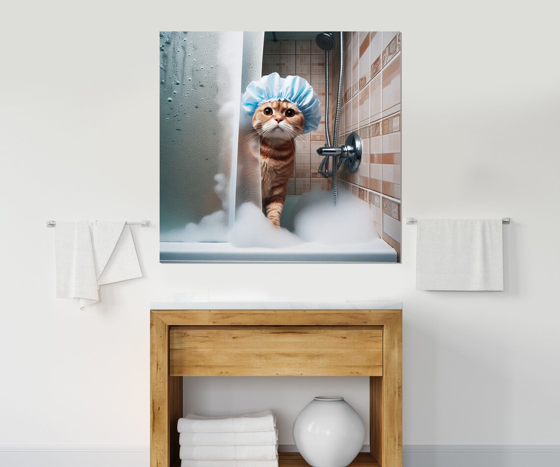 Cute Cat In The Bathroom, Bathroom Wall Art Print - Image 3