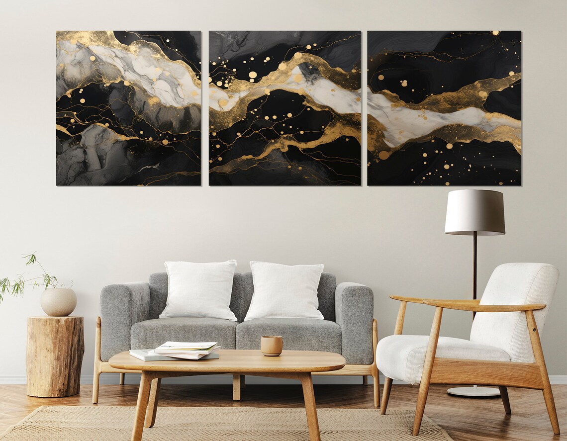 Black And Gold Marble Abstract Painting Luxury Modern Wall Poster - Image 2