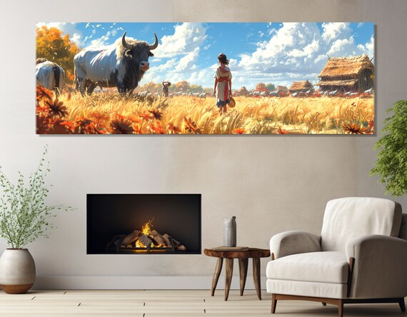 Buffalo and Farm Girl Golden Wheat Field Rustic Countryside Art Poster