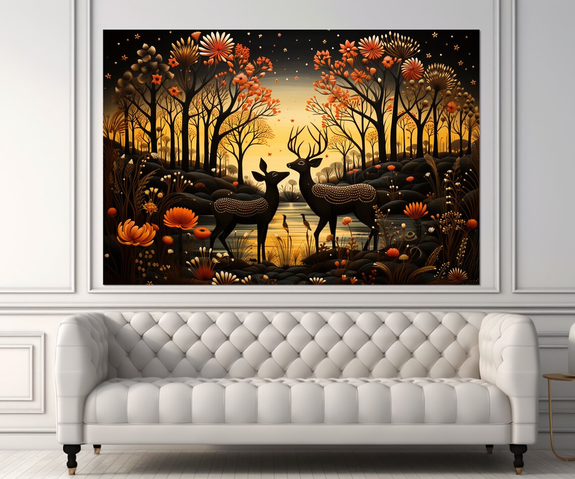 Two Dark Deer In Autumn Sunset Forest Fantasy Wall Decor Poster - Image 4