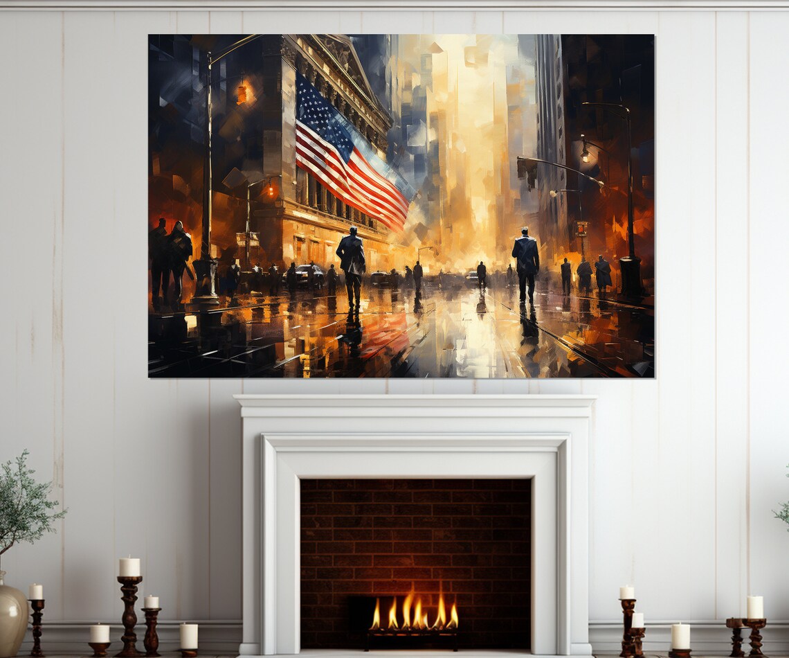 New York Wall Street American Flag Rainy Street City Night Poster - Image 3