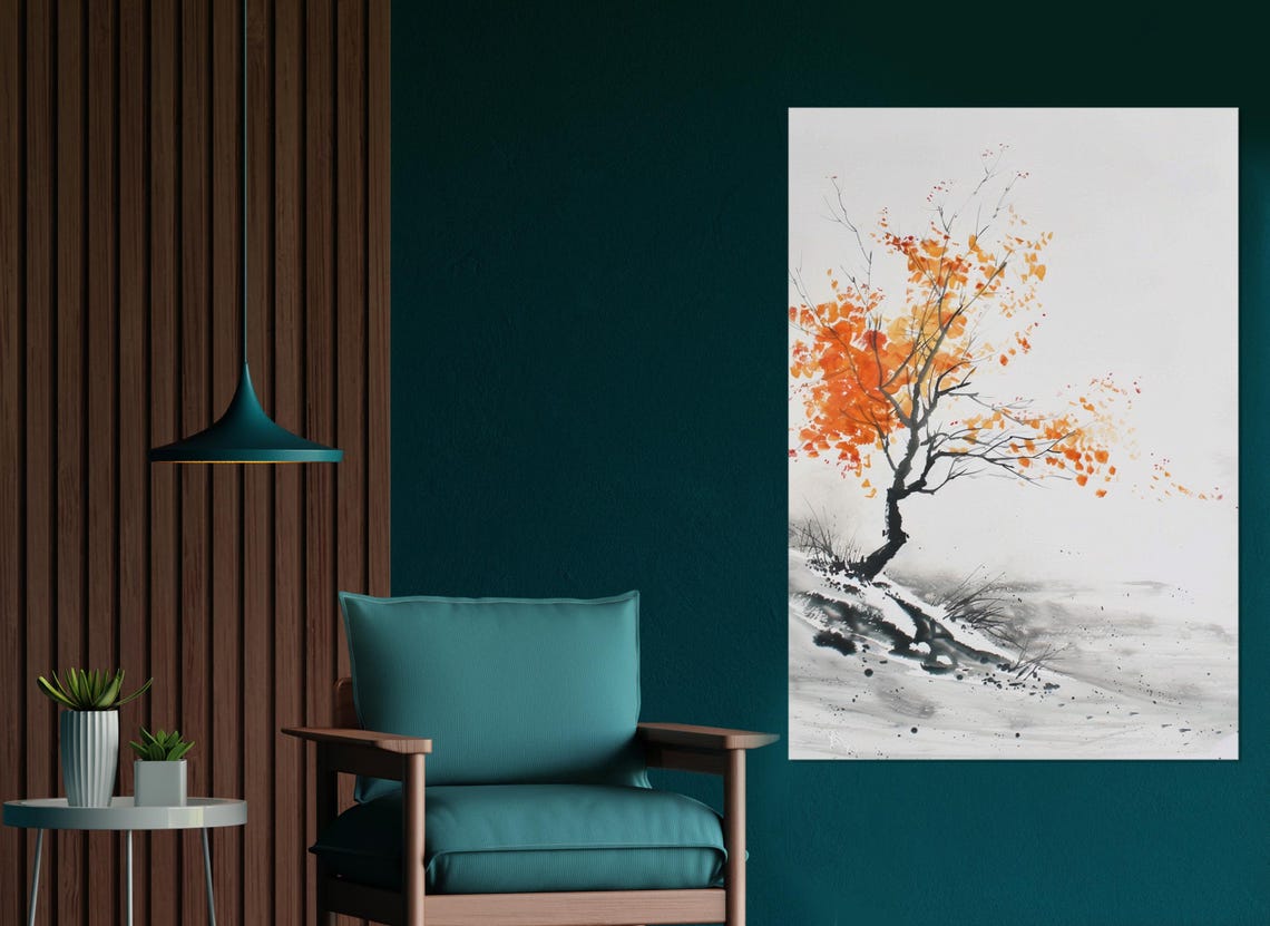 Orange Autumn Tree Ink Wash Asian Style Minimalist Nature Art Poster - Image 3