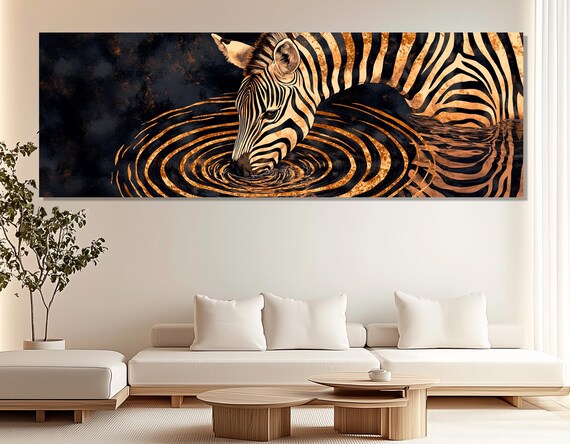 Black Gold Zebra Drinking Water Ripples Bold African Animal Wall Art Poster