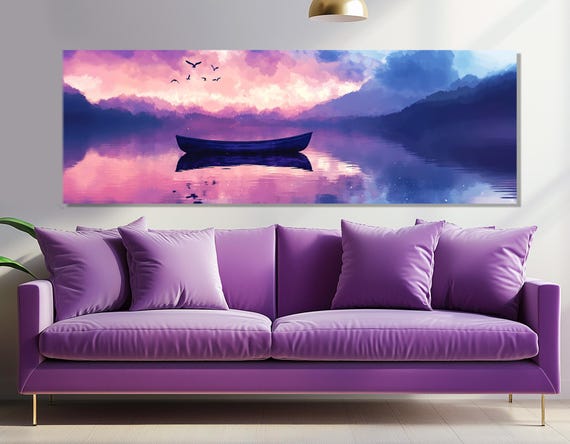 Lonely Boat On Sunset Abstract Print Old Boat On The Lake Purple Nature Wall Art Framed And Ready To Hang