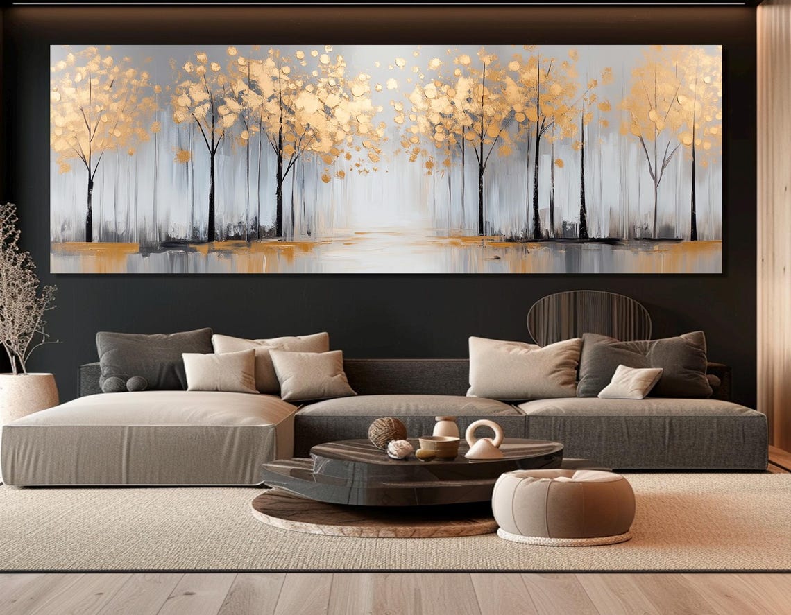 Golden Trees Misty Gray Forest Abstract Autumn Panoramic Poster - Image 2