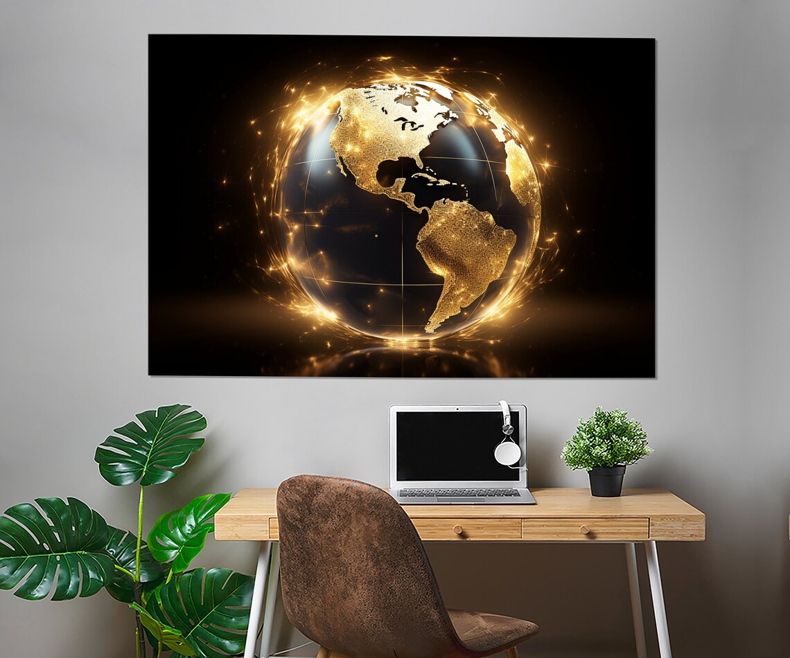 Abstract Golden Earth Americas Globe Sparkling Black Wall Art Print - Image 2