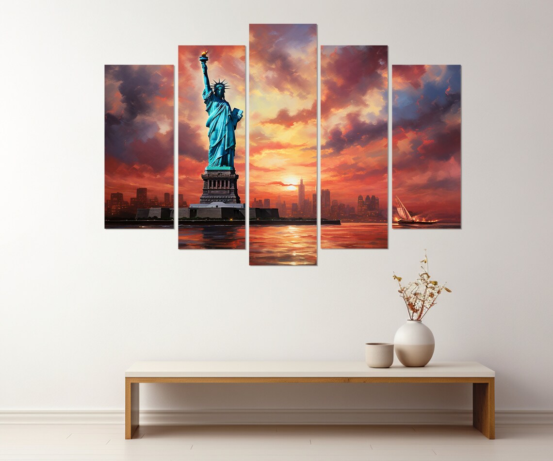Statue Of Liberty At Fiery Sunset New York Skyline Harbor View Poster - Image 2