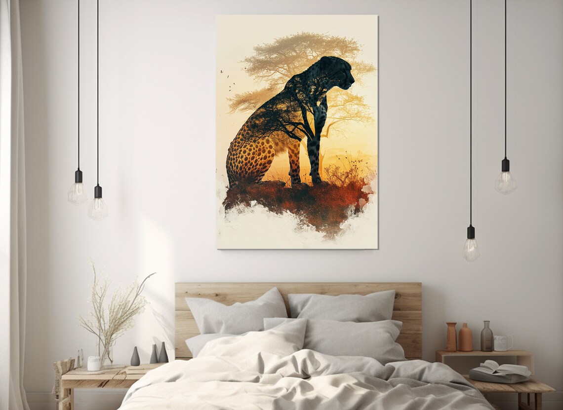 Cheetah Silhouette African Savanna Sunset Double Exposure Wildlife Wall Poster - Image 4