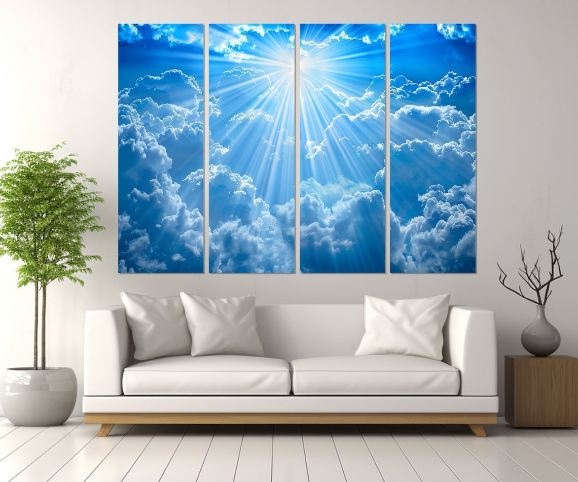 Heavenly Sun Rays Bursting Blue Clouds Triptych Divine Light Wall Art - Image 3