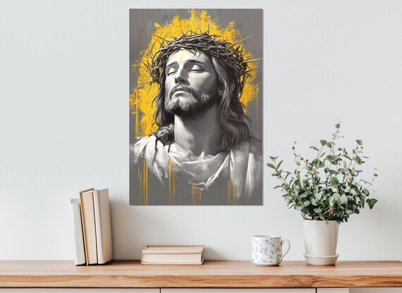 Jesus Christ Crown Of Thorns Grey Gold Portrait Modern Religious Wall Poster
