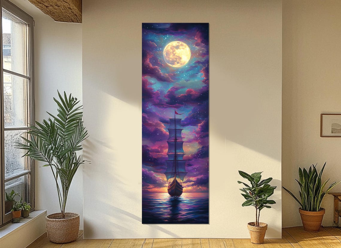 Moonlit Tall Ship Sailing Starry Night Sea Dreamy Cloudscape Poster