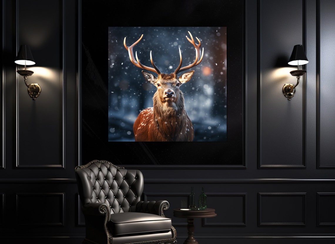 Majestic Stag Portrait Standing In Falling Snow At Night Poster - Image 3