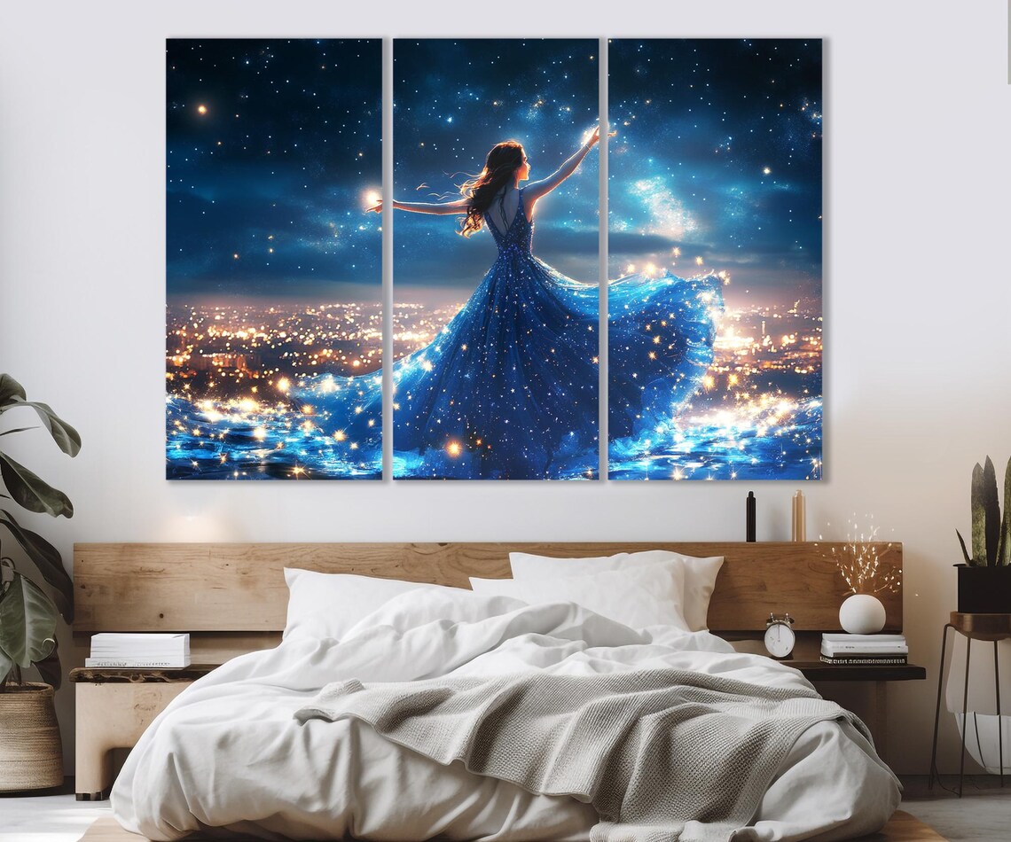 Dancing Fairy Starry Blue Gown Above City Lights Night Fantasy Poster - Image 4