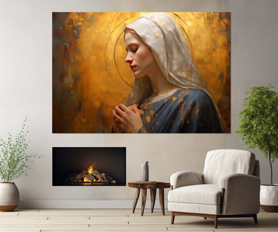 Blessed Virgin Mary Praying Golden Halo Religious Christian Wall Art Poster - Image 4