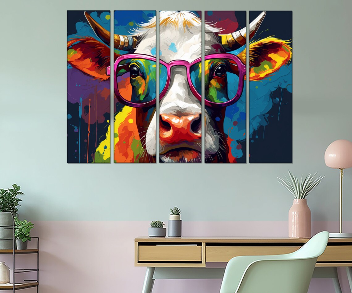 Colorful Cow Wearing Pink Glasses Fun Pop Art Animal Portrait Poster - Image 3