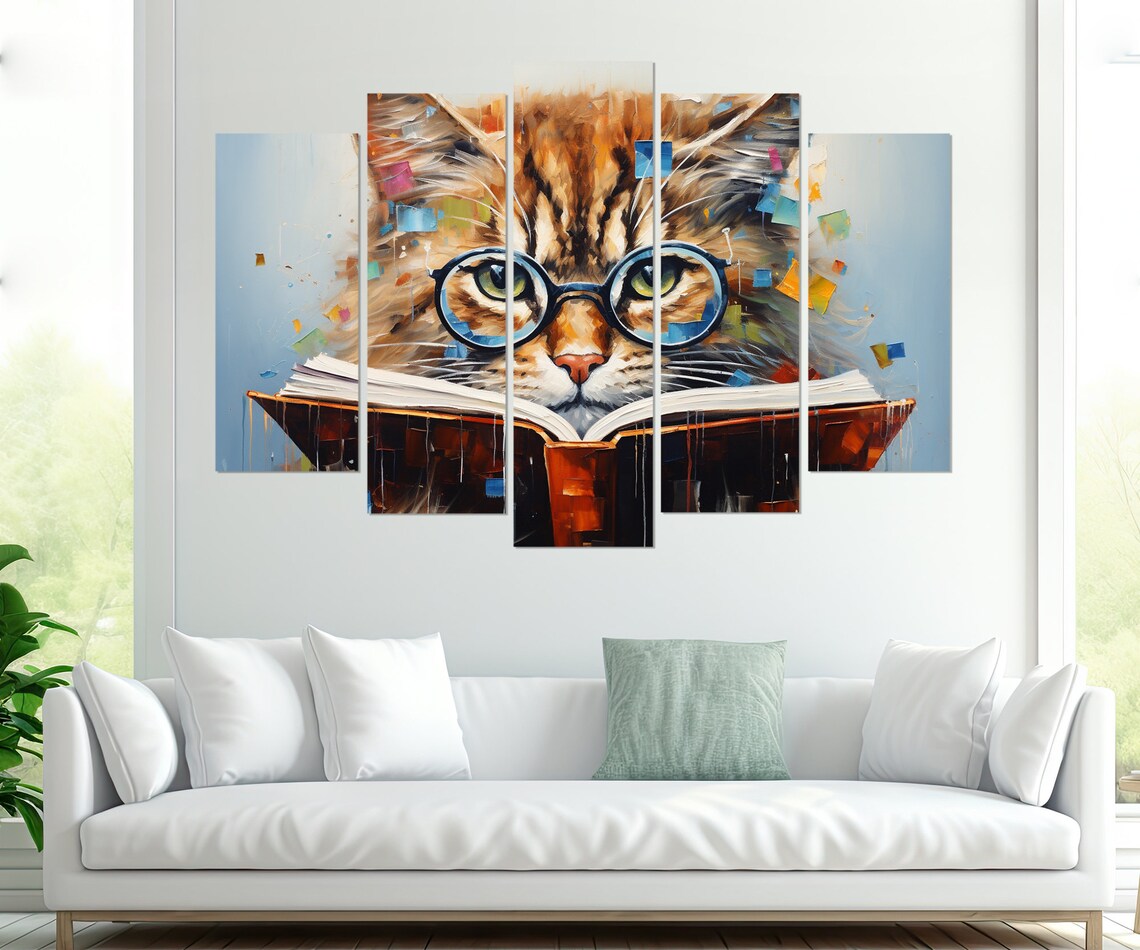 Fluffy Cat Wearing Round Blue Glasses Reading A Book Funny Poster - Image 3