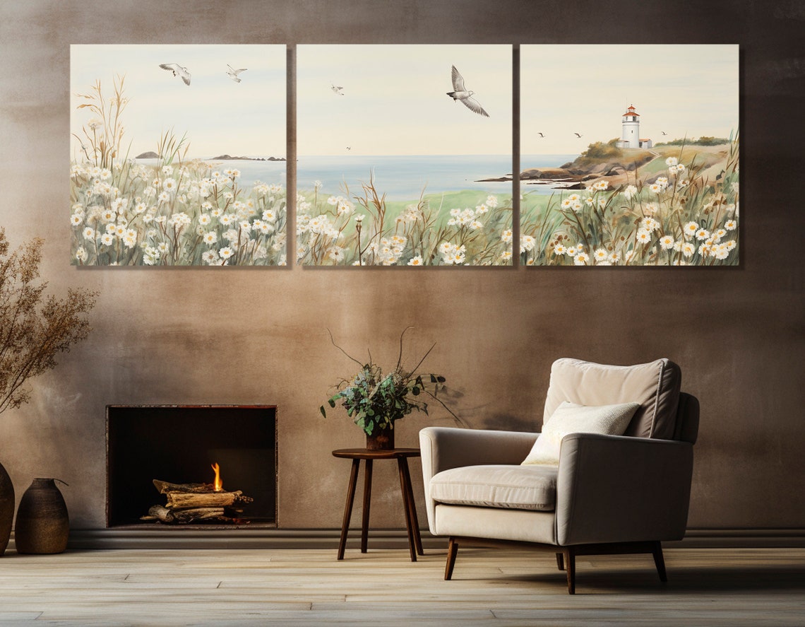 Daisy Field Coast Lighthouse Seagulls Soft Watercolor Seascape Poster - Image 3