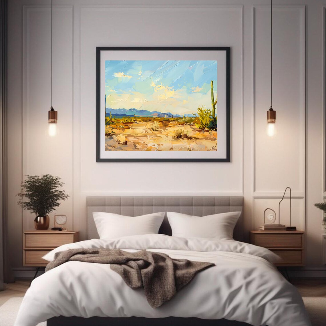 Bright Sunny Desert Saguaro Cactus Blue Sky Mountain Painting Wall Art - Image 2