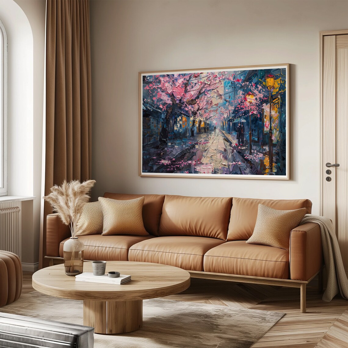 Cherry Blossom Street Rainy Night Pink Petals City Painting Wall Art - Image 3